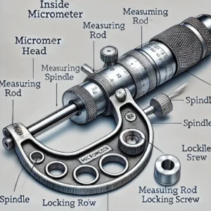 An inside micrometer with clearly labeled parts, including the micrometer head, thimble, spindle, locking screw, measuring rod,