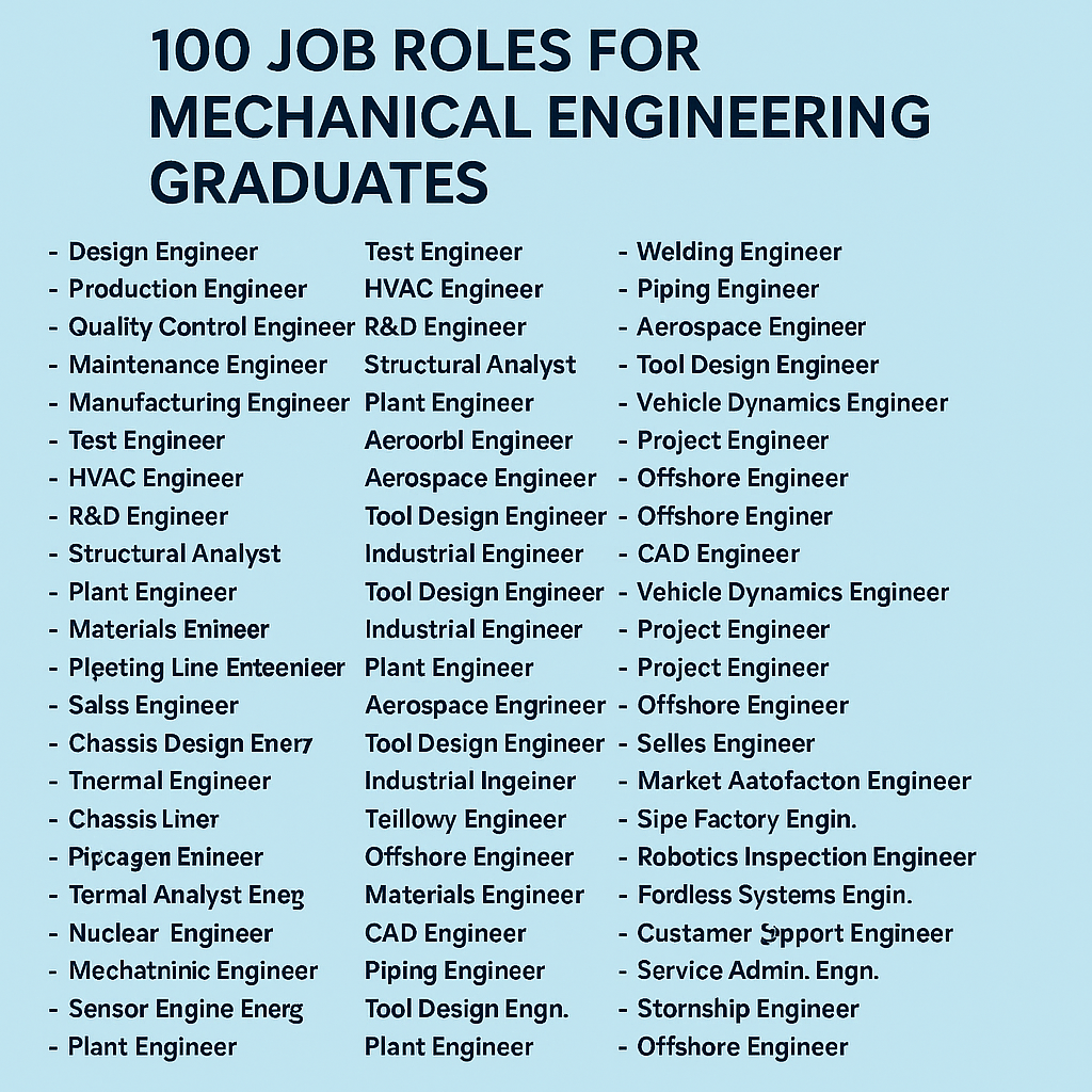 list of 100 different job roles that a Mechanical Engineering graduate can apply 1 100 differnet types of roles that a mechanical engineering graduate can apply for