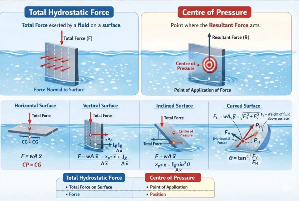 Define total pressure and centre of pressure ?